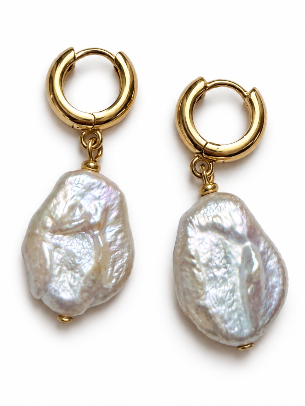 Gold Huggie Hoop Baroque Pearl Drop Earrings New Never Worn